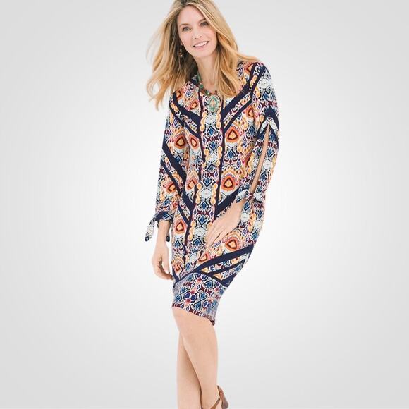 Chico’s Vibrant Fall Print Pullover Ikat Medallion Dress with Tie Sleeves Size 1 - Picture 2 of 12